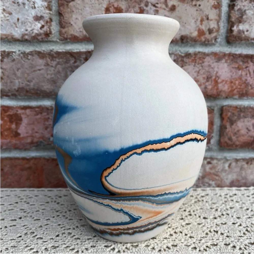 Nemadji Pottery Indian River Vase Blue Multicolor Swirl Design Made in USA VTG